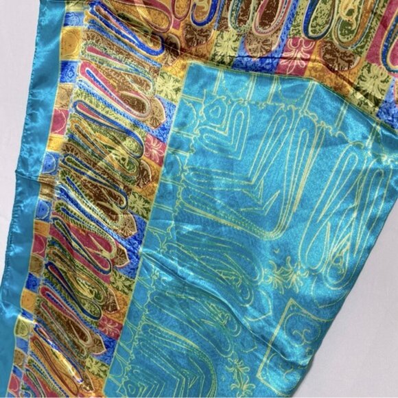 5/$25 Jiaying Blue Yellow Satin Abstract Print Square Scarf - Picture 15 of 16